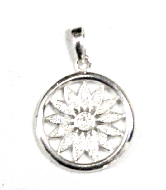 Sterling Silver Cartwheel CZ Sun Round Pendant 25x17mm
