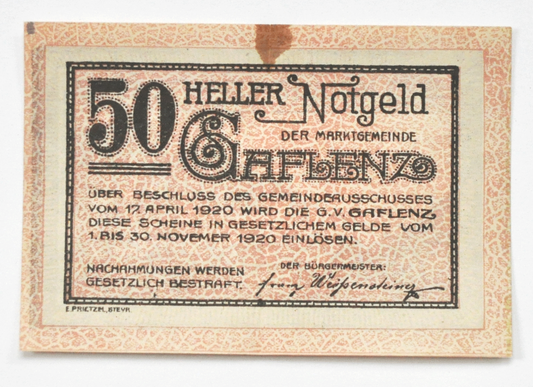 1920 50 Heller Austria Notgeld Banknote Gaflenz