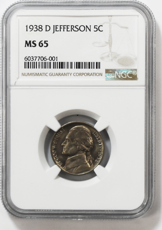 1938 D 5c Jefferson Nickel Five Cents NGC MS65 BU Denver