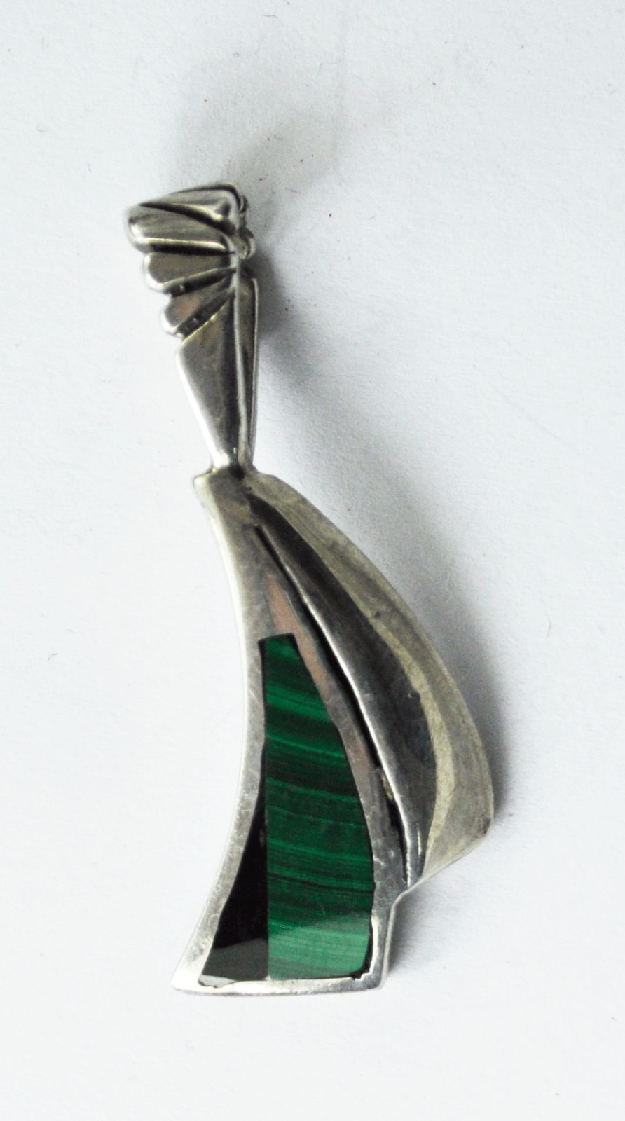 Sterling Jaxon Malachite & Onyx Green Inlay Triangular Pendant Etched 1.5"