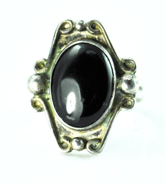 Sterling Silver Oval Black Onyx Handcrafted Ring Dot  28mm Size 7
