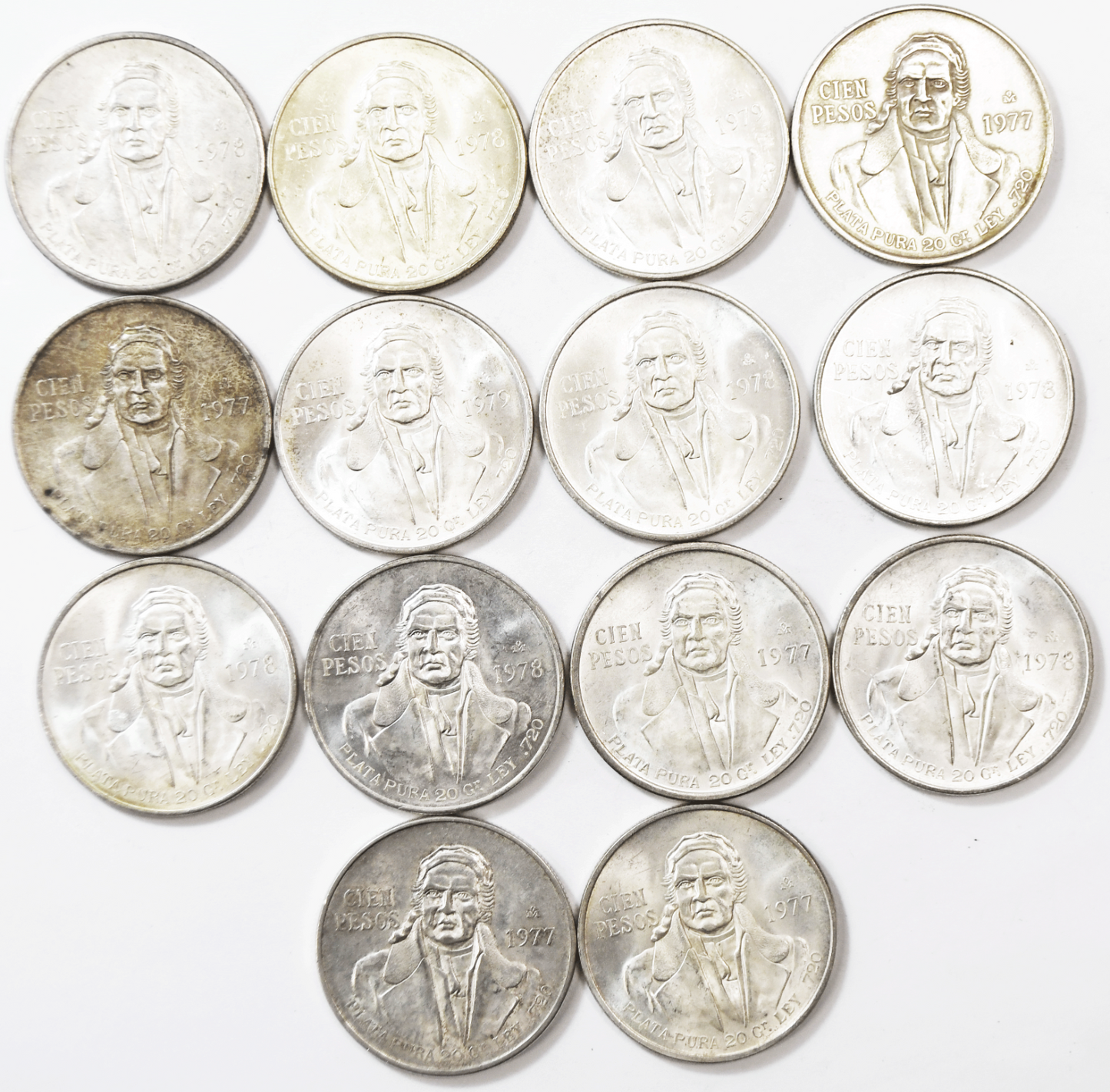 Lot of 14  1977-79 Mexico Silver Hundred Peso Coins KM# 483.2