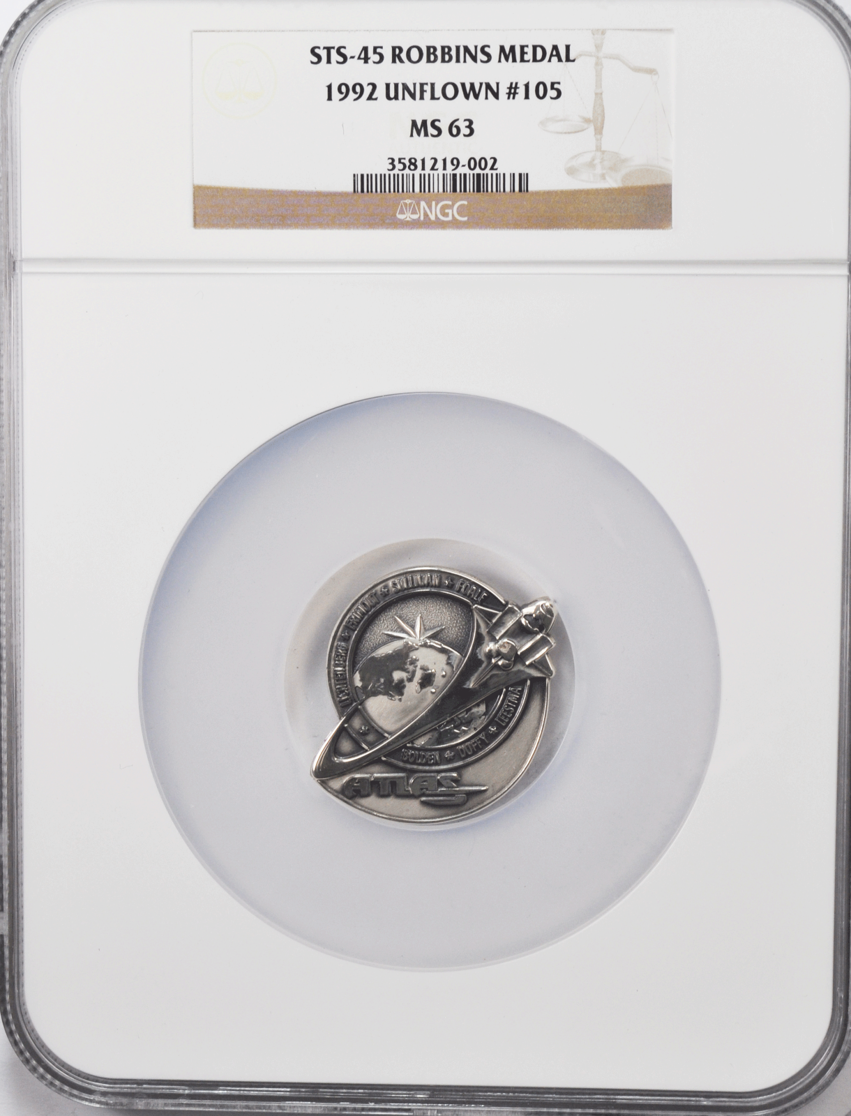 1992 STS-45 Robbins Silver Space Medal Unflown #105 NGC MS63 Atlantis