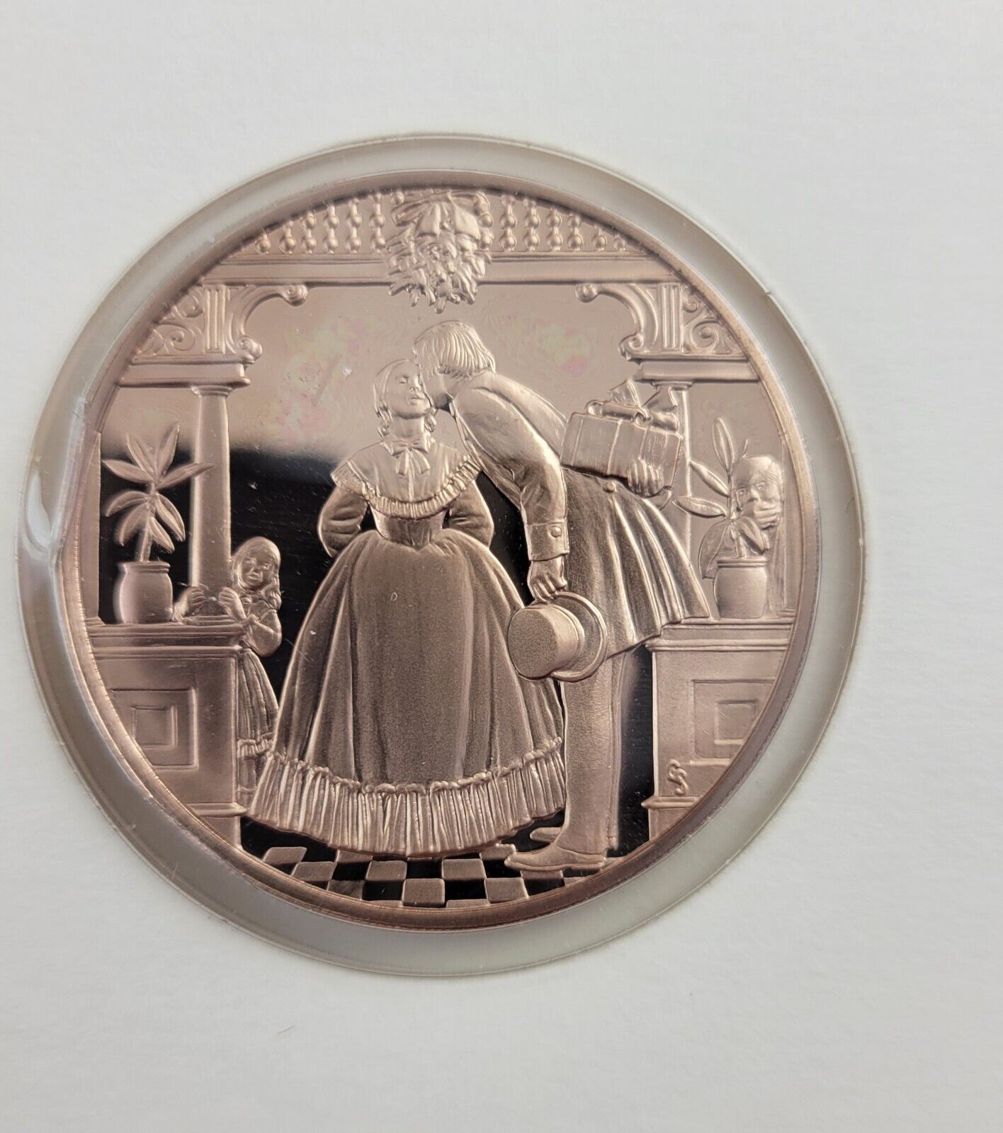 1979 Franklin Mint Christmas Holiday Card Coin Under The Mistletoe Bronze Coin
