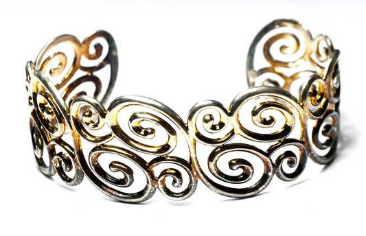 Sterling Silver Spiral Filgree Swirl Cuff Bracelet 27mm 7.5" 34g
