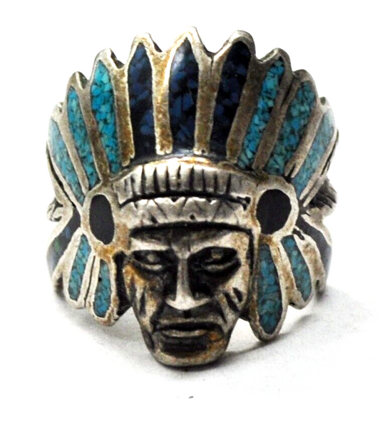 Sterling Silver Turquoise Lapis Chip Inlay Chief Headdress Ring 25mm Size 10