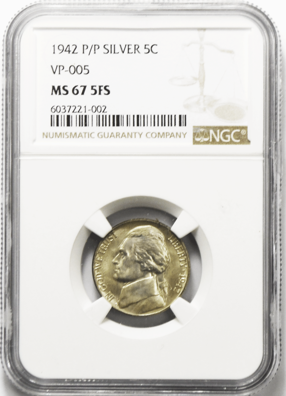 1942 P/P 5c Jefferson Silver War Nickel Five Cents NGC MS67 5FS VP-005 Top Pop