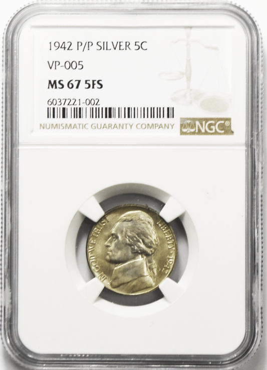 1942 P/P 5c Jefferson Silver War Nickel Five Cents NGC MS67 5FS VP-005 Top Pop