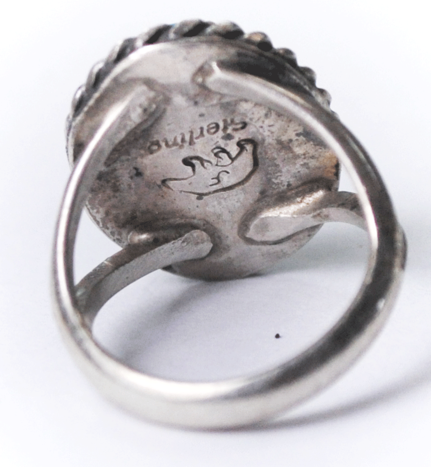 Sterling Silver Signed JF in Bear Turquoise Inlay 18mm Size 4 Ring