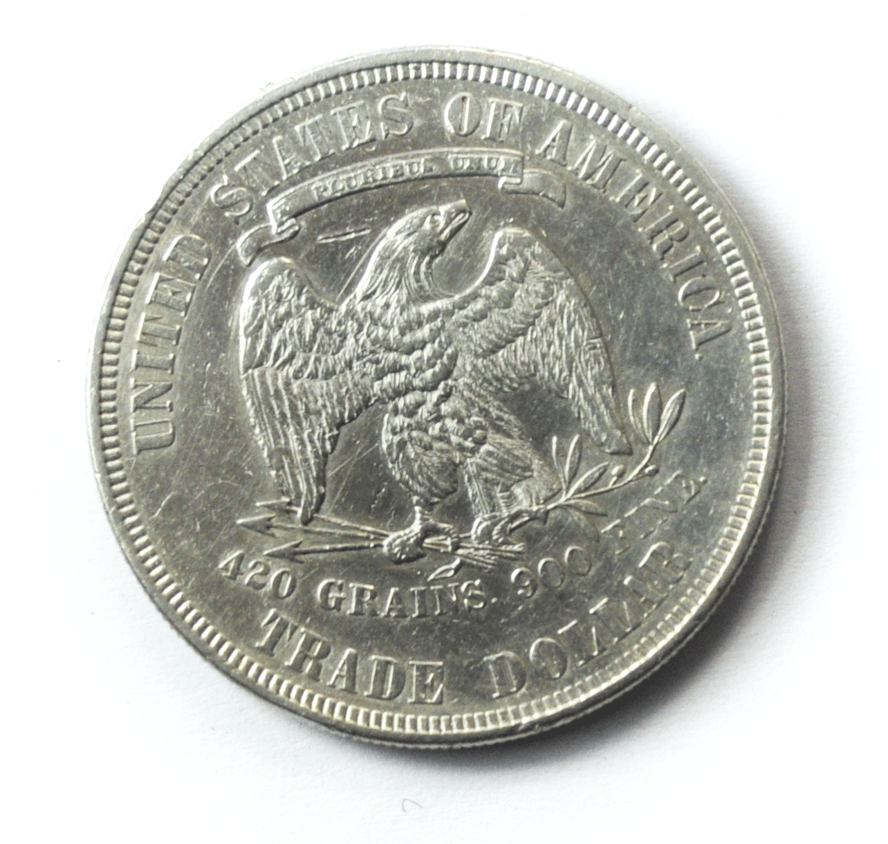 1877 $1 US Trade Silver Dollar Philadelphia Rare AU