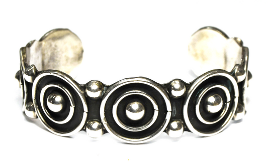 Sterling Double Circle Dot Center Cuff Bracelet 19mm 7" Wrist   31.6g