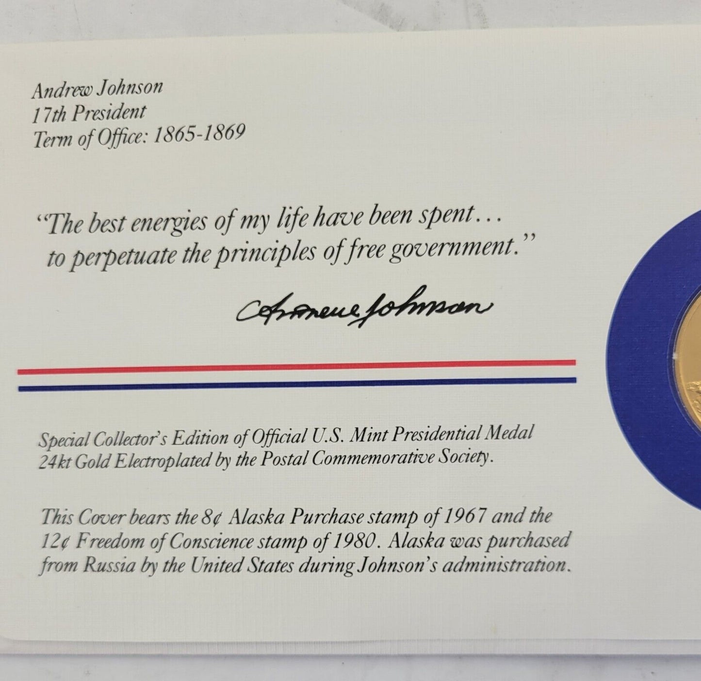 Andrew Johnson Presidential Covers Medal Postal Commemorative Society Gold Plate