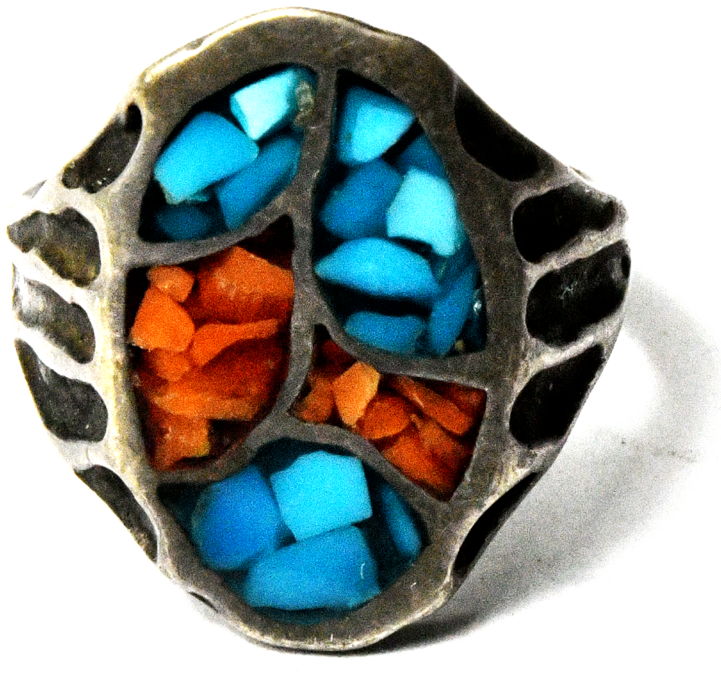 Sterling Silver Oval Coral Turquoise Chip Ring 22mm Size 9-1/2