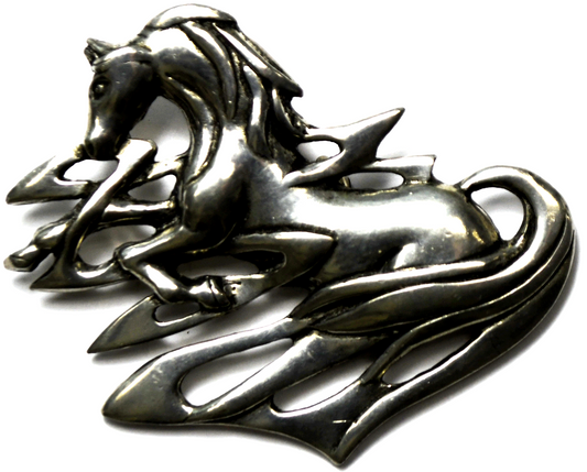 Silver Plated Horse Galloping In Water Zigzag Brooch Pin 58mm x 43mm