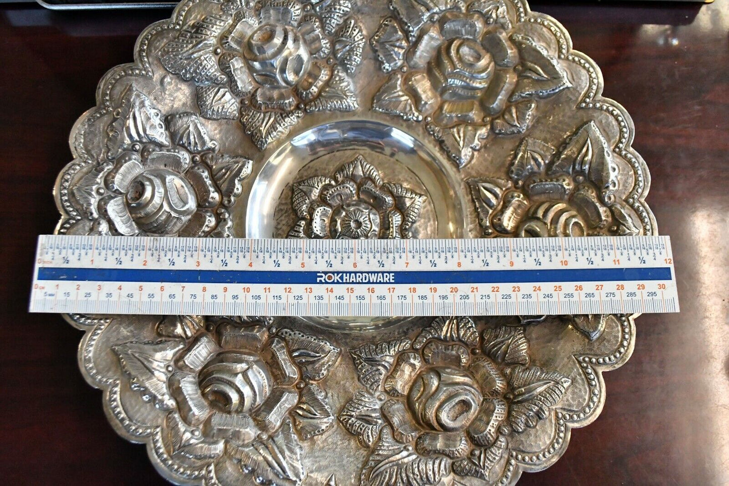 Vintage V. Acosta Signed .900 Fine Silver Mexico Tray 12" Rose Pattern 13.2oz.