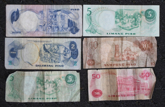 6 Philippines Banknotes 1 2 5 10 50 Peso Circulated Notes