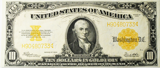 1922 $10 Ten Dollars Gold Certificate Large Note H90480733 XF