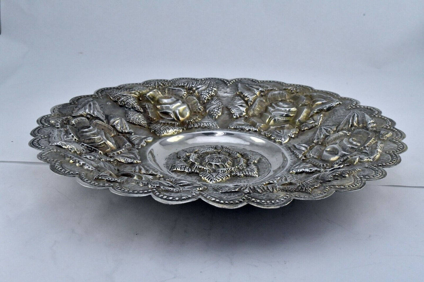 Vintage V. Acosta Signed .900 Fine Silver Mexico Tray 12" Rose Pattern 13.2oz.