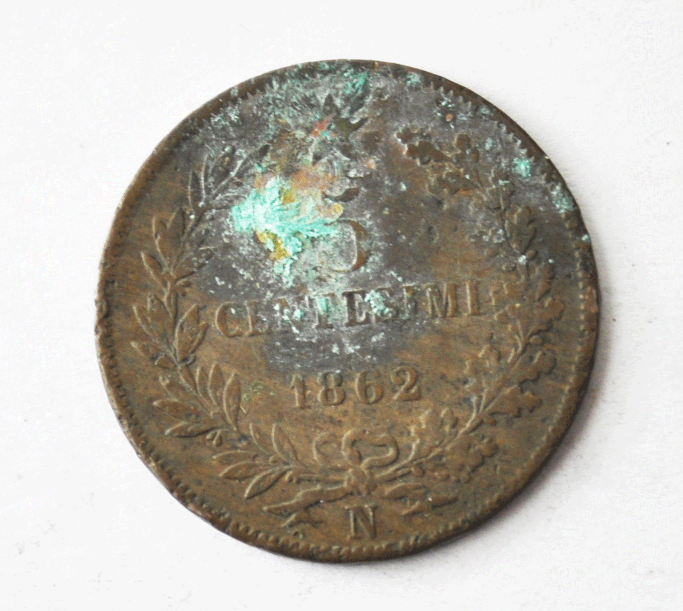 1862 N Italy 5 Five Centesimi Copper Coin  KM# 3.3