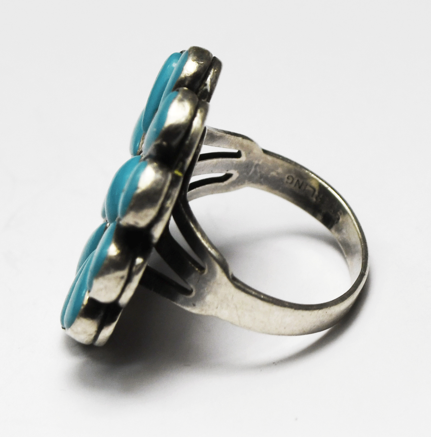 Antique Sterling Silver Turquoise Flower Ring 28mm Size 7