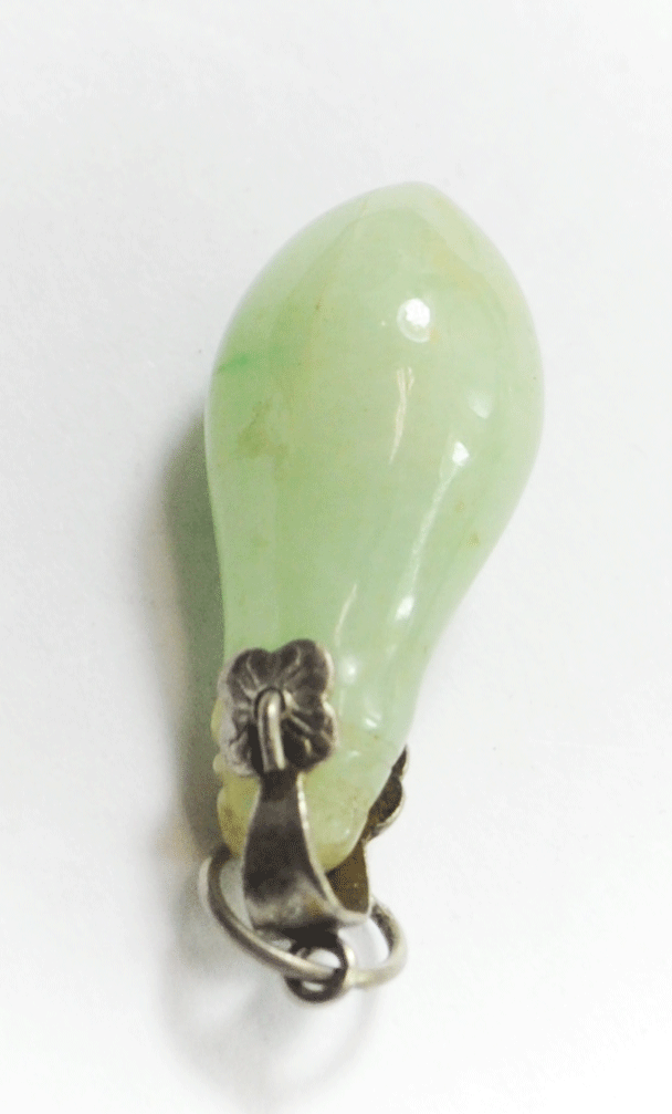 Silver Plate Small Jade Tear Drop Carved Bulb Pendant 31mm x 10mm