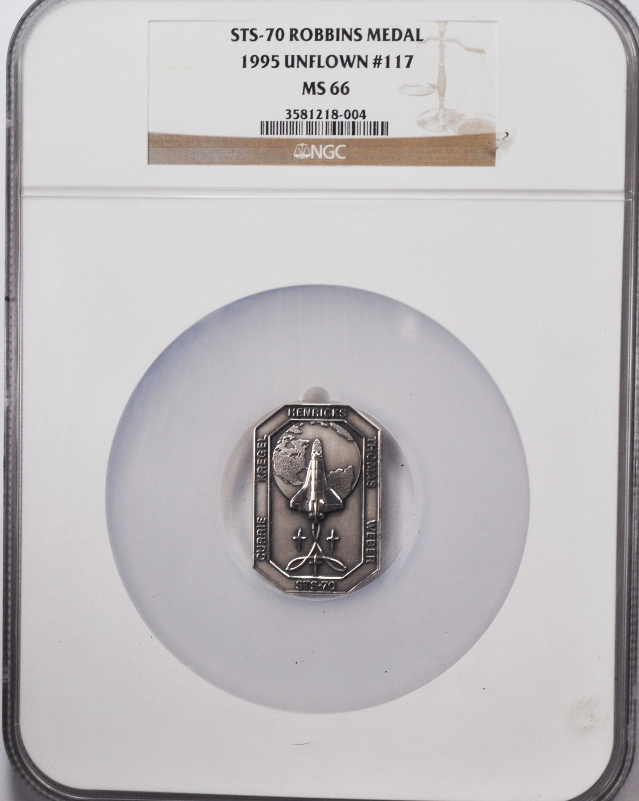 1995 STS-70 Robbins Silver Space Medal Unflown #117 NGC MS66 Discovery
