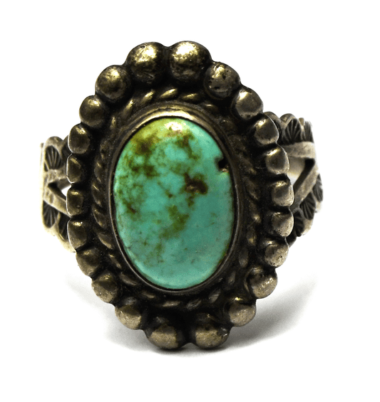 Sterling Silver Turquoise Oval Antique Arrows Ring 21mm Size 5-1/2 Ajdustable