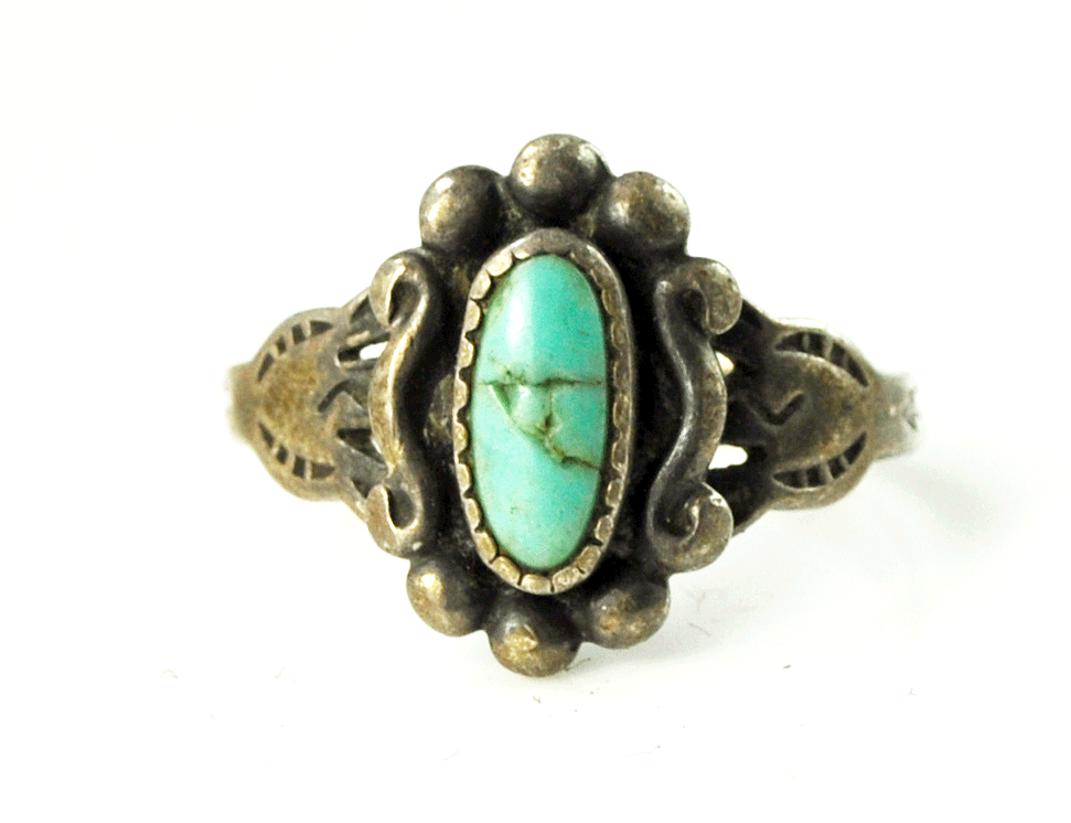 Antique Sterling Silver Turquoise Oval Ring 12mm Size 3.5 Harvey Era 1930's