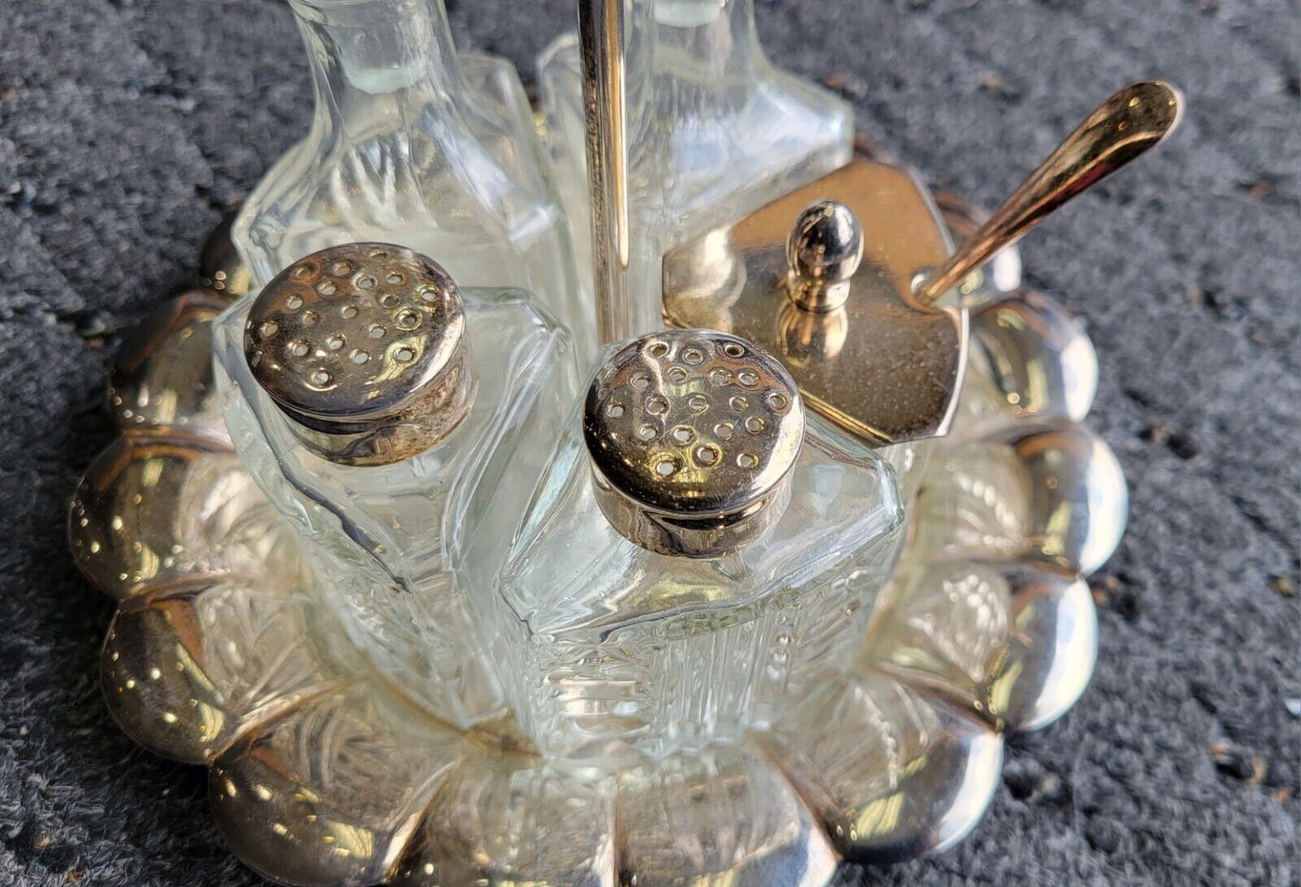 6pc. Vintage Silver Plated Condiment Serving Set/Caddy  Salt Pepper Oil Vinegar