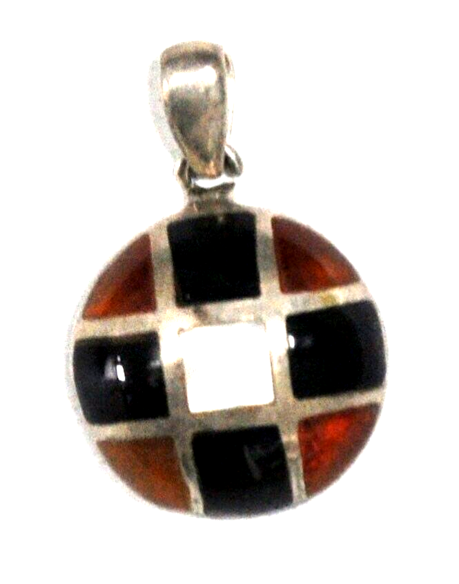 Sterling Silver Square Onyx Amber MOP Inlay Round Domed Pendant 26x17mm