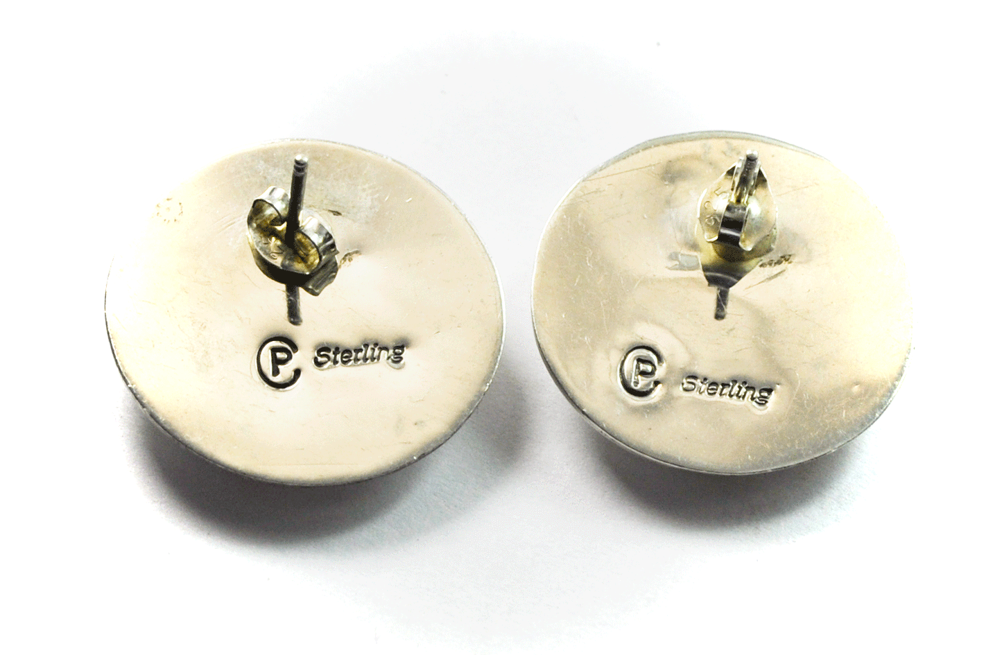 Sterling Silver CP Shadow Box Turquoise Coral Inlay Round Stud Earrings 24mm