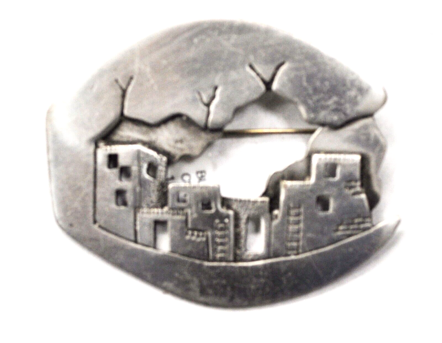 Pewter JJ Jonette Pueblo Landscape 1988 Brooch Pin 55mm x 46mm