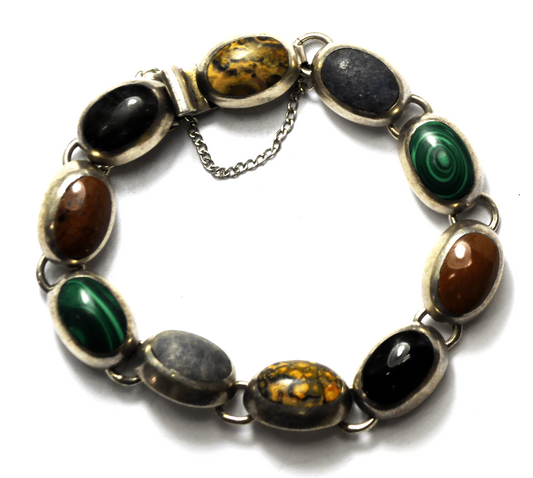 Sterling Onyx Malachite Rainforest Jasper Multi Stone Bracelet 12mm 7.5"   43g