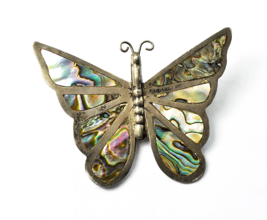 Sterling Silver Monfar Mother of Pearl Shell Butterfly Brooch Pin 2-3/4" x 2"