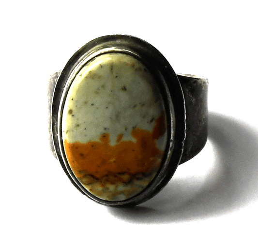 Sterling Silver Signed Sharp Jasper Oval Ring 20mm Band Size 6-1/2