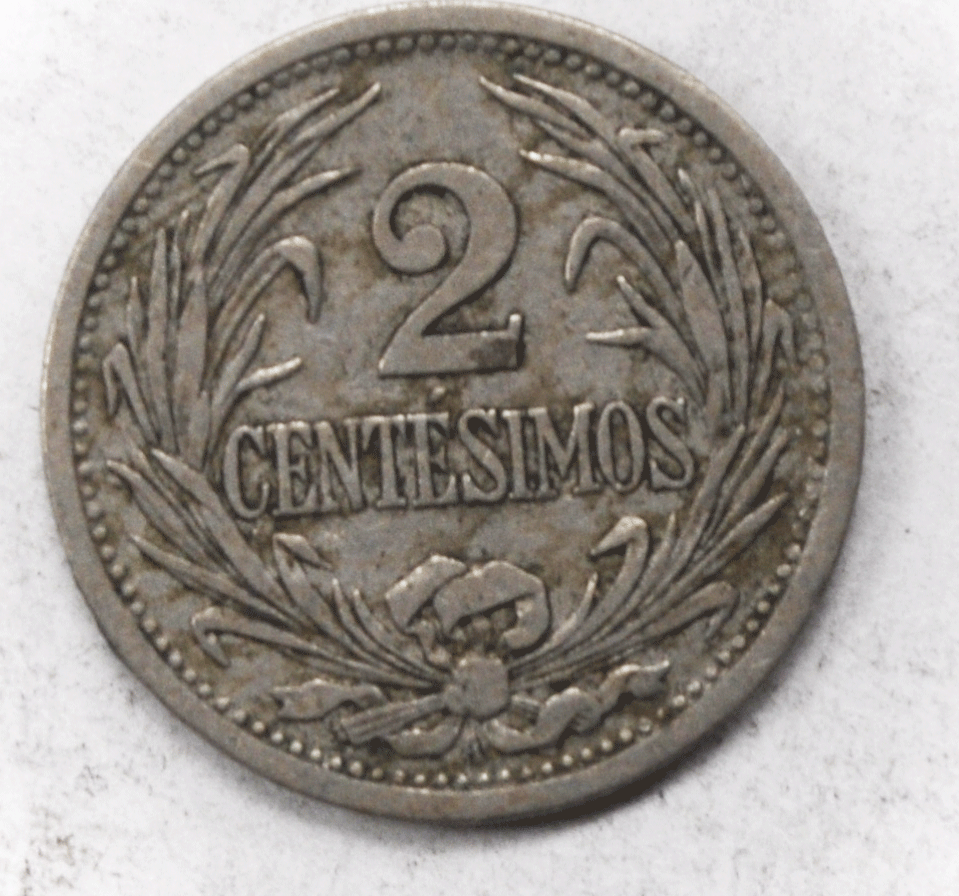 1909 Uruguay 2 Two Centesimos Copper Nickel Coin KM# 20