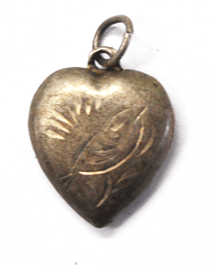 Antique Sterling Silver Bird Engraved Puffy Heart Charm 19mm x 15mm