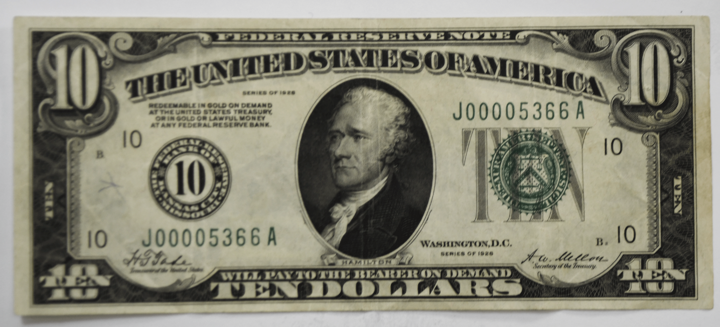 1928 $10 Ten Dollars Federal Reserve Note J00005366A Fr#2000J Low Serial