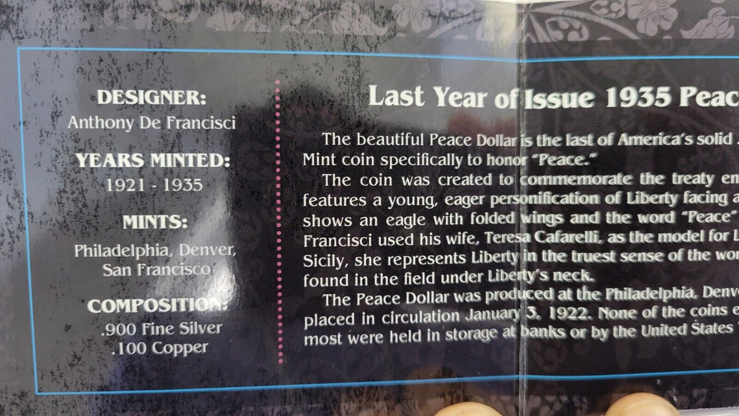 Last Year Of Issue 1935 Peace Silver Dollar Packaged w/COA