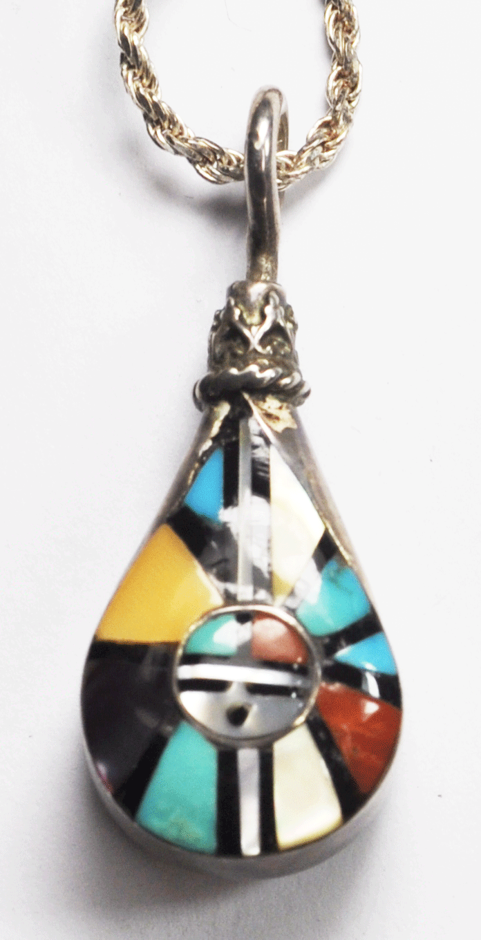 Sterling Silver Sun Inlay Teardrop Pendant Turquoise 1.5" x 16mm Rotating Bale