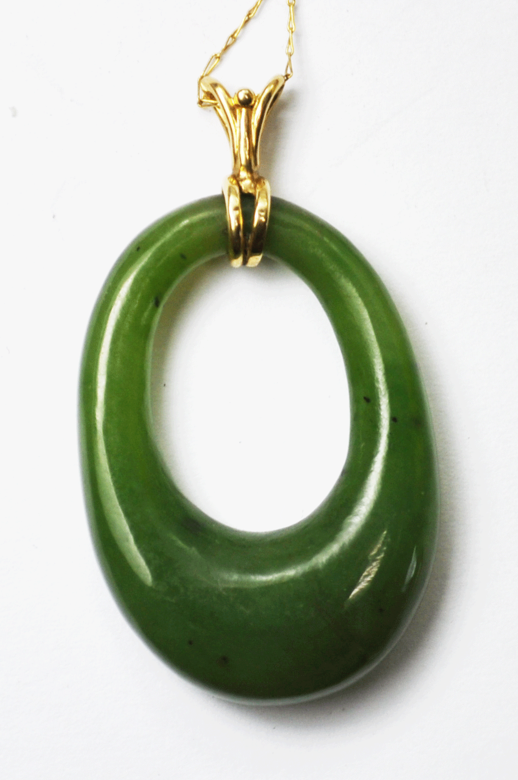 14k Yellow Gold Jade Hoop Carved Pendant 1-5/8" x 23mm Thin 22" Necklace