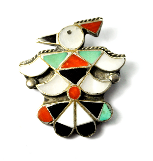 Antique Sterling Silver Zuni Inlay Thunderbird Brooch Pin 36mm x 32mm