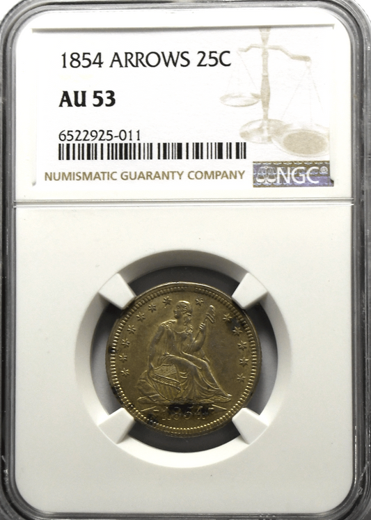 1854 Arrows 25c Seated Silver Quarter Dollar NGC AU53