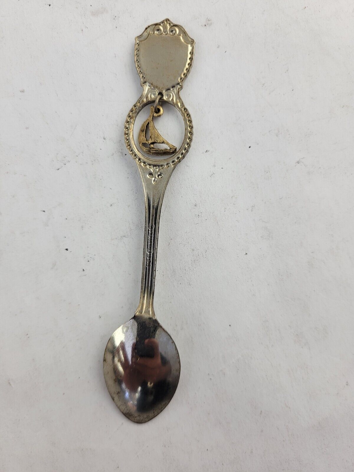 Vintage Souvenir Spoon New Jersey Enameled Gold Tone Sailboat Newark Trenton
