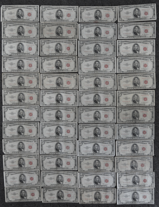 Lot of 48 Series 1953 53A 53B & 53C $5 Legal Tender Red Seal Notes Circulated