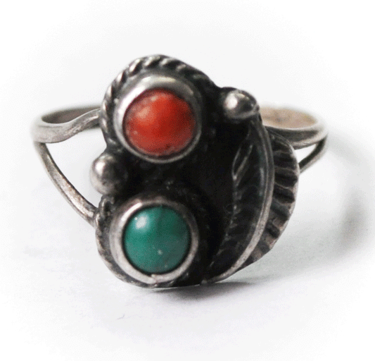 Vintage Sterling Turquoise & Coral Dot Floral Ring 15mm Size 7-1/4