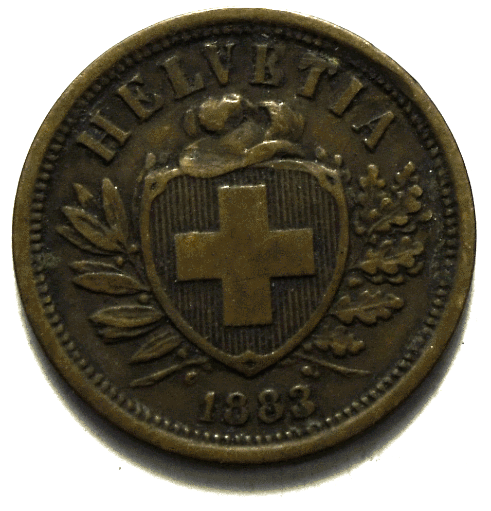1883 B Switzerland 2 Two Rappen KM# 4.1 Bronze Coin