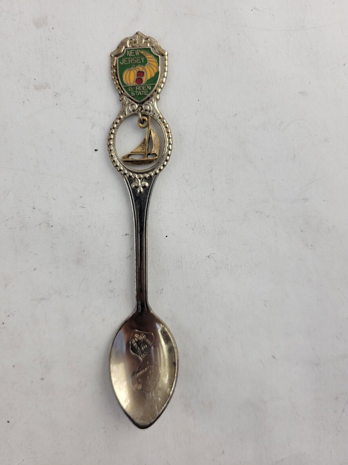 Vintage Souvenir Spoon New Jersey Enameled Gold Tone Sailboat Newark Trenton