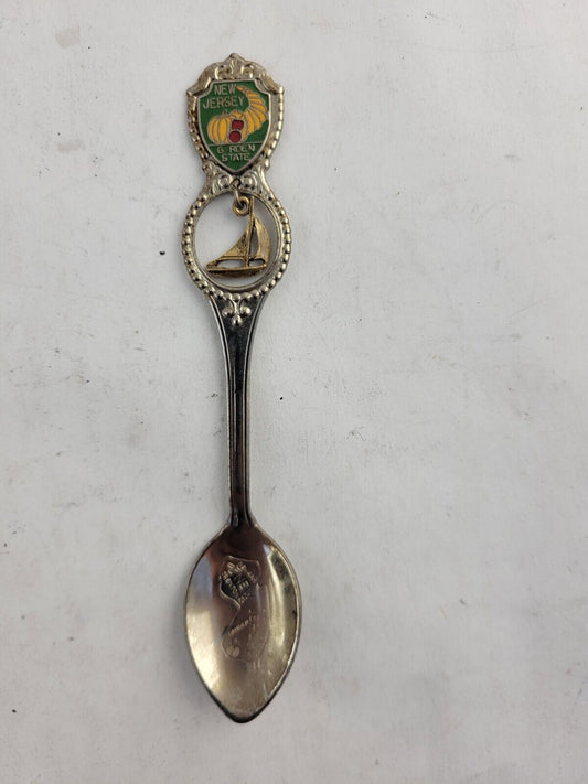 Vintage Souvenir Spoon New Jersey Enameled Gold Tone Sailboat Newark Trenton