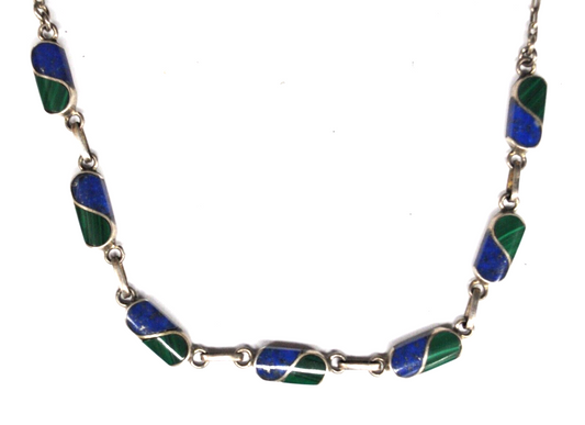 950 Silver 6mm Green & Blue Lapis Malachite Inlay 20" Necklace